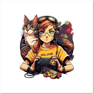 Kawaii player and her cat in the middle of a game Posters and Art